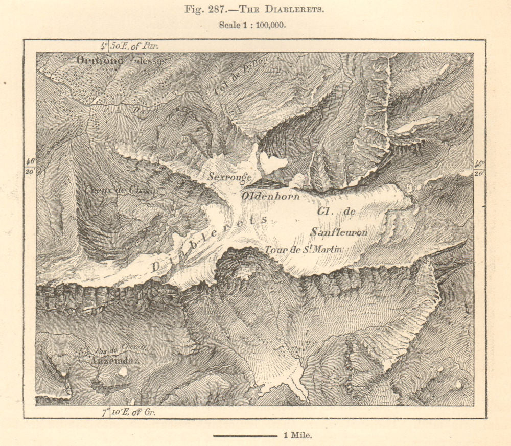 Les Diablerets. Ormont-Dessus. Switzerland. Sketch map 1885 old antique